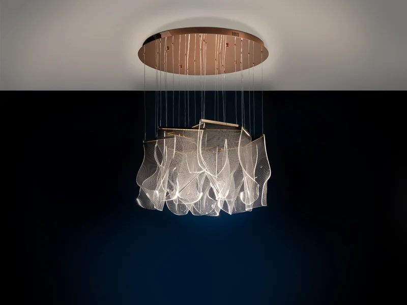 Lámpara de techo colgante Schuller Velos grande 14 luces oro rosa 3000K regulable Ø70cm
