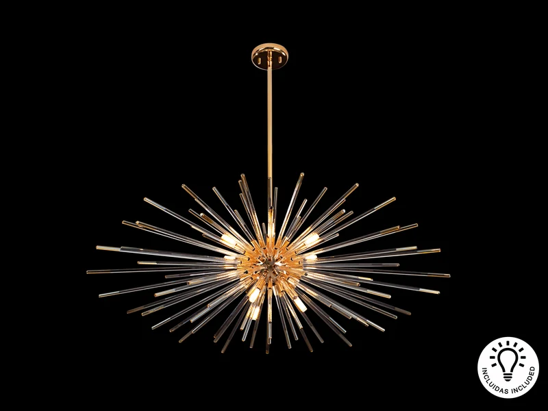 Lámpara de techo colgante Schuller Evasión grande 9 luces oro brillo y ámbar Ø100cm