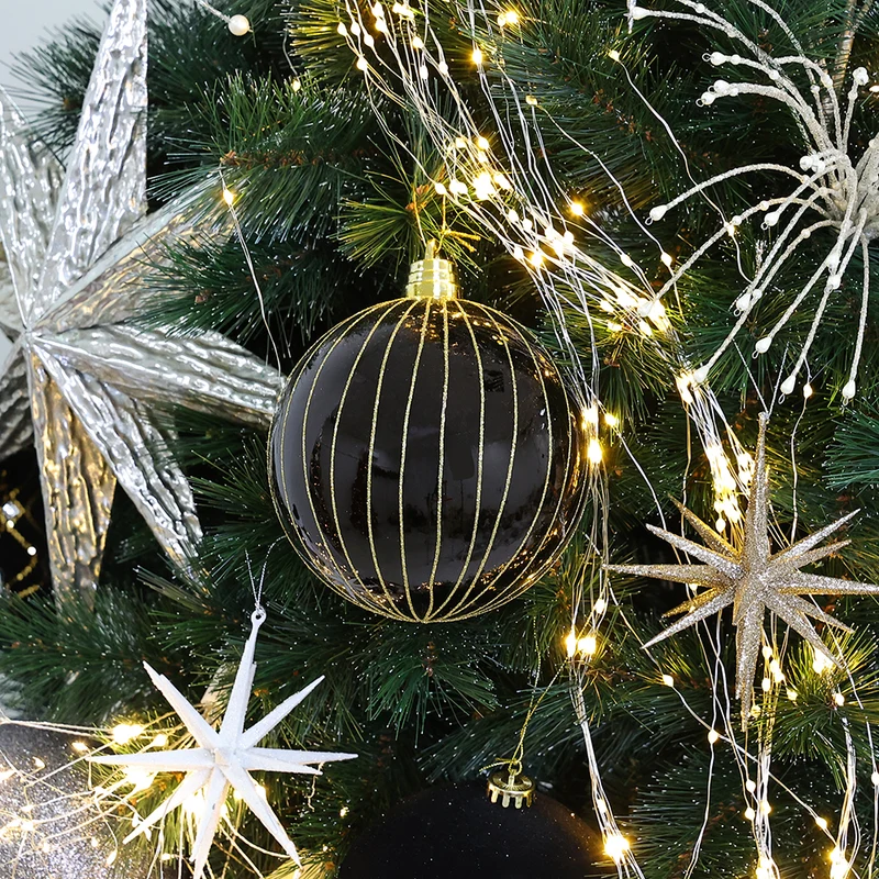 Set 4 Esferas Negro Brillante Pinstripe Oro 15 cm