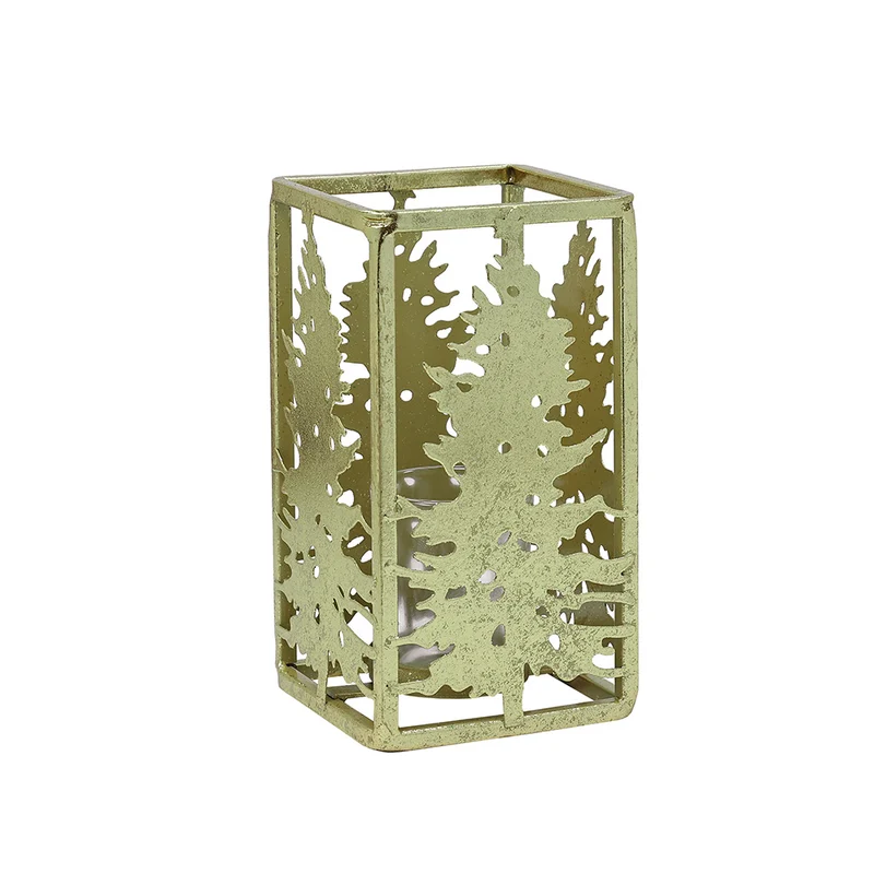 Portacirio Rectangular Pinos Metal Oro Chico 18x10cm.