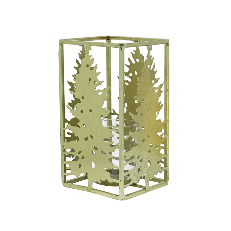 Portacirio Rectangular Pinos Metal Oro Grande 25x14cm.