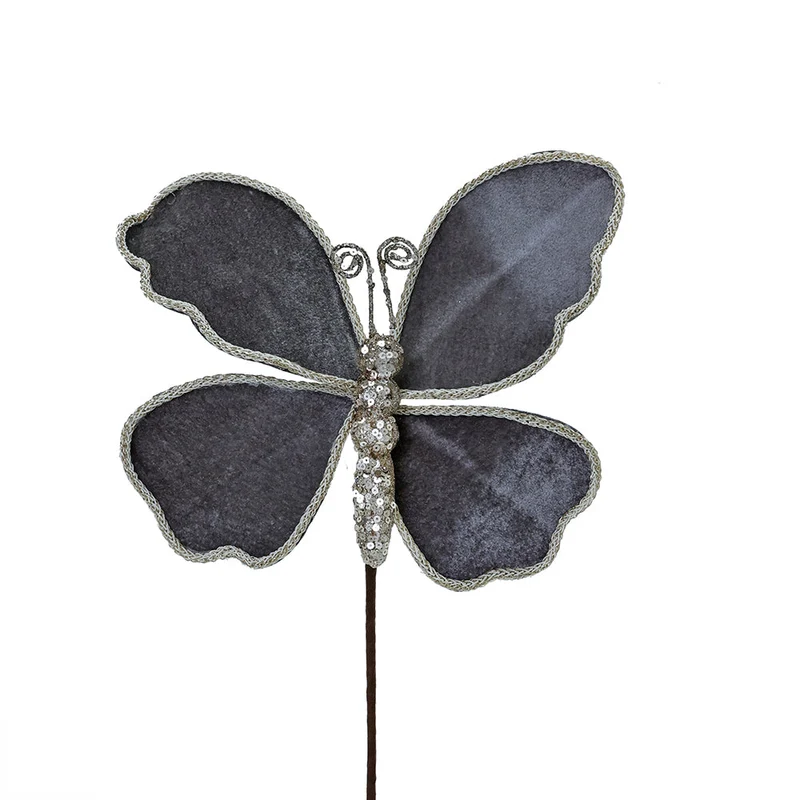 XH712SG Rama Mariposa Chica Terciopelo Gris con Ribete 39 cm.