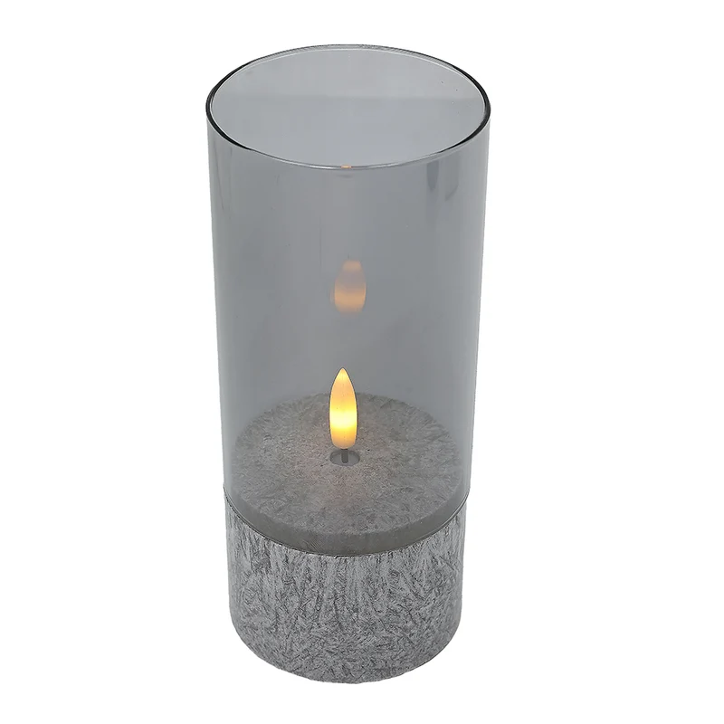 KLC082 Vela LED Cera y Huracán de Vidrio Mediana Gris 7.5x18cm.(2 Baterías AA no incluidas)