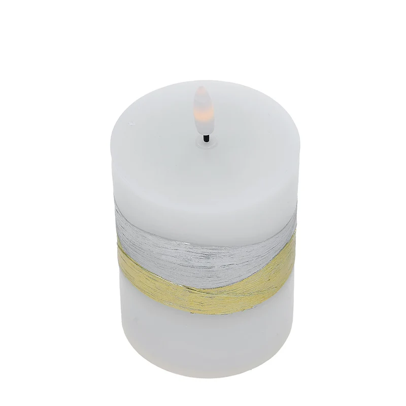 KLC063 Vela LED Cera Chica Blanca con Banda Oro y Plata 7.5x13.5cm.(2 Baterías AA no incluidas)