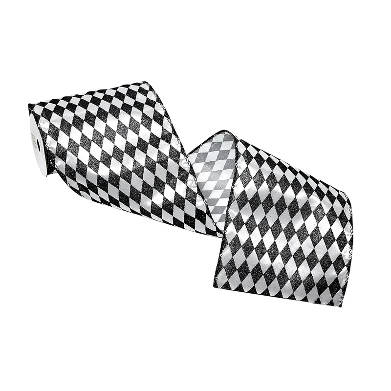 CR0037N Listón Rombos Negro y Blanco 15 cm. x 4.57 mts.