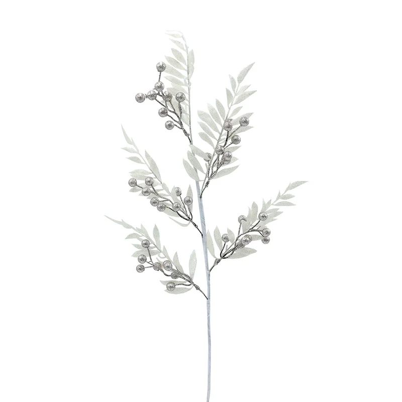 XH163P Rama Follaje Blanco Frost Berries Plata 82 cm.