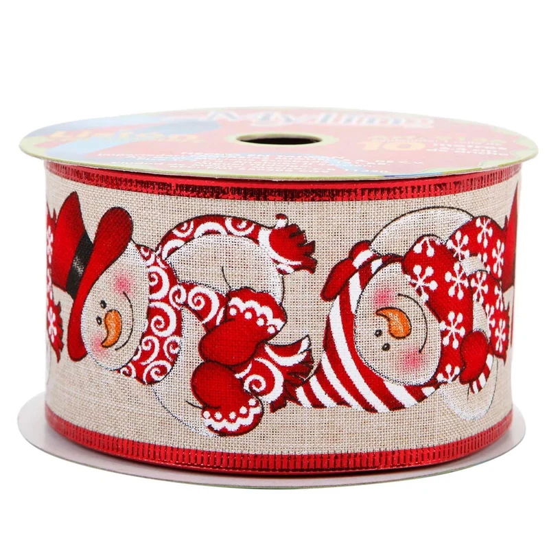 Art.9136 Listón Yute Muñeco de Nieve Con Orilla Metalizada 6.4cm 10m
