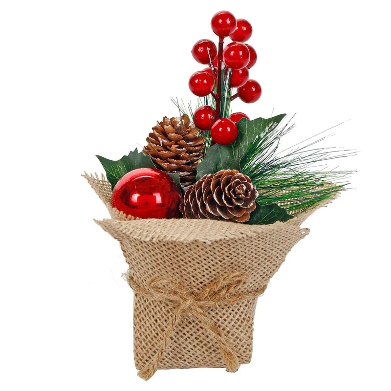 Art.1443 Arreglo Base Yute Pino Con Cerezas 16cm 1pz